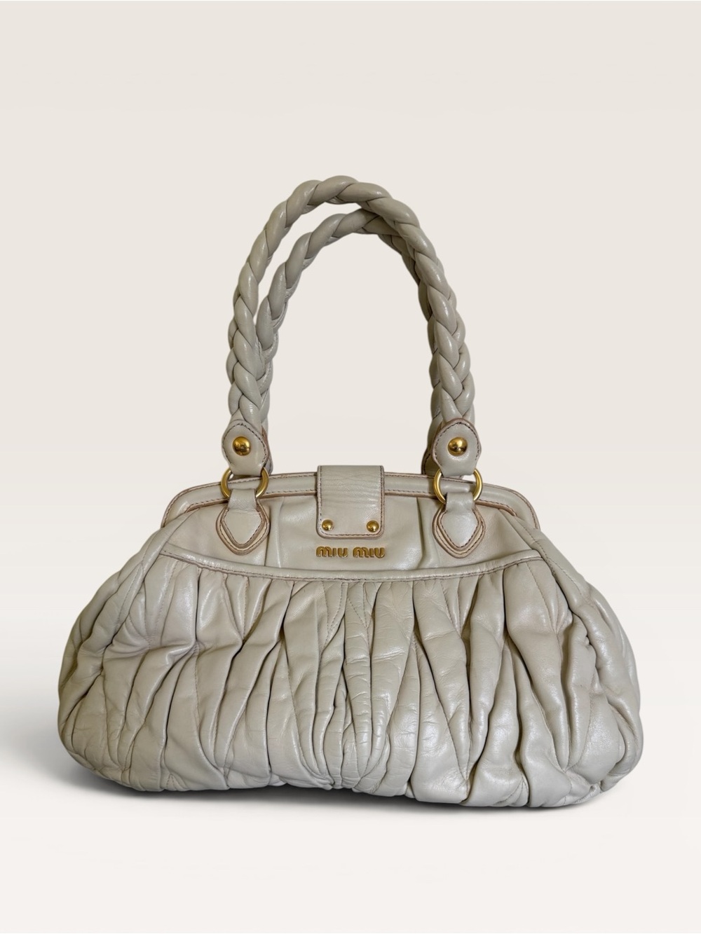 Vintage Miu Miu Ivory Matelassé Leather Satchel Bag Gold Hardware - Picture 2 of 11
